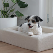 Small white and black dog lying on a fluffy white pet bed indoors.